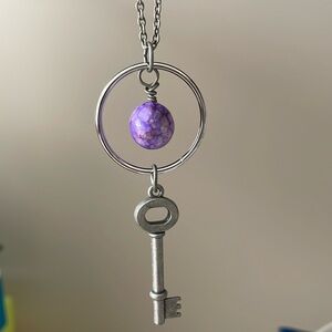2 for $32 / purple gemstone with key necklace